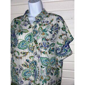 Joie Sz XS Green Blue Floral Scarf Print Button Front Blouse S/S Collared EUC